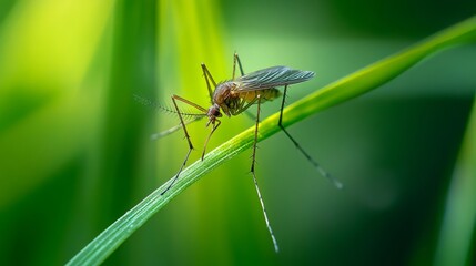 Naklejka premium Close-up of a mosquito perched on a green leaf. Its delicate features are highlighted against a soft blurred background. Nature is full of intricate details. Generative AI