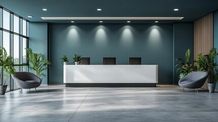 Modern office reception area with chairs and plants