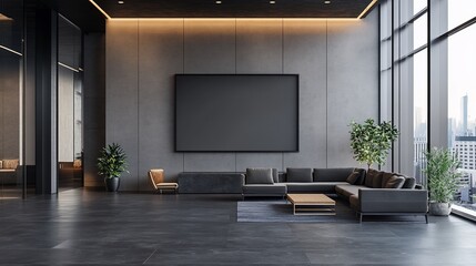 Modern office lounge, cityscape view, mockup poster