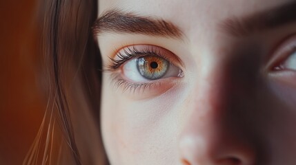 Fototapeta premium Woman's eye gazing, closeup, indoors, warm background, beauty