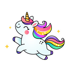 cute unicorn with stars and rainbow for kids. vector illustration isolated on white background for print