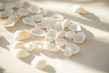 Delicate white shells scattered on soft surface, illuminated by