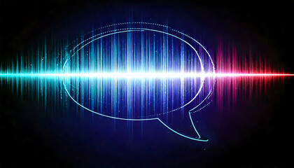 Abstract neon speech bubble graphic design. Vibrant blue and pink sound wave energy forms a futuristic communication concept. Ideal for tech, music, podcast, or social media themes.