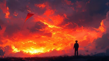 A solitary figure stands against a vibrant sunset with dramatic clouds, as a red kite dances in the sky, evoking a sense of freedom and wonder in nature’s beauty