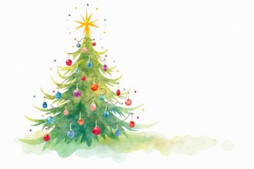 Fototapeta premium A decorated Christmas tree is isolated on a white background, adorned with colorful ornaments and twinkling lights.