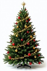 Fototapeta premium A tall, lush Christmas tree with deep green needles is beautifully adorned with shiny, red and gold ornaments. Twinkling white lights wrap around the branches, and a sparkling star sits atop.