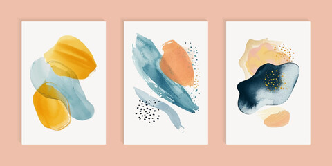 Watercolor stains and hand drawn dots composition banners and posters. Rich gold blue orange pink patterns, watercolor texture backgrounds. Vector brochure templates. Fine wall art.