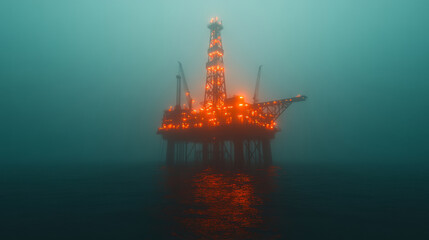 Oil Platform Illuminated at Night Amidst Dense Fog in Offshore Waters