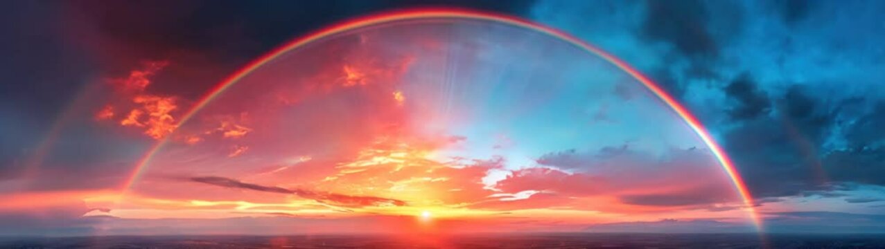 Rainbow that is shining brightly over a city, landscape background 