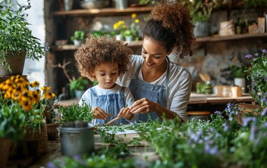 Mother and daughter gardening together in a plant shop.