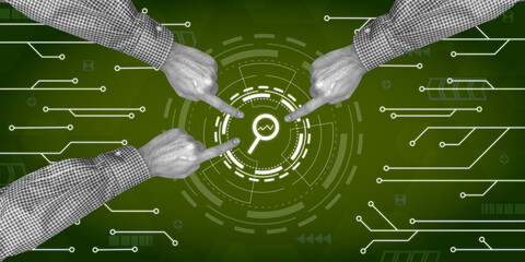 Finger pointing Technology Business Search Magnifying Glass Icons Background 