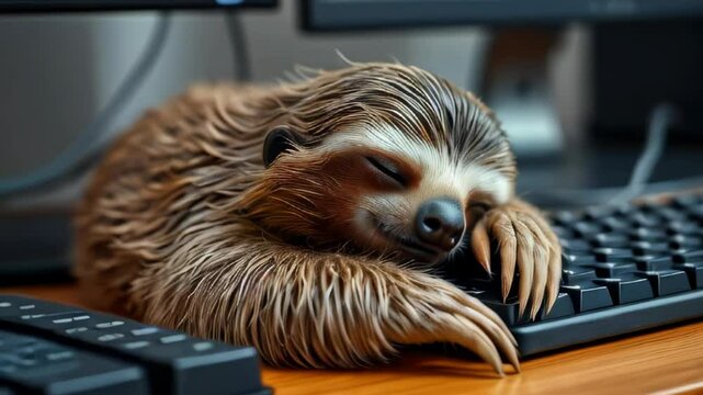 A relaxed sloth peacefully napping on a keyboard in front of a computer, humorously symbolizing laziness, exhaustion, and slow productivity.  
