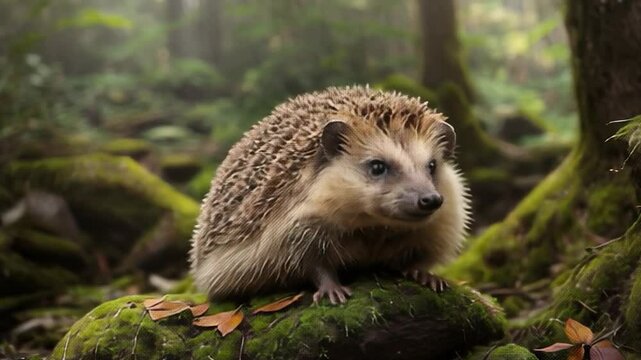 A small brown and white hedgehog is sitting on a mossy rock in a forest. Concept of calm and tranquility, as the hedgehog appears to be enjoying its natural habitat