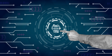 Finger pointing Technology Business Globe Circles Icons Background 