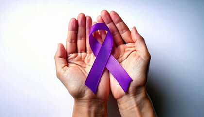 photo of hand with bright white background holding purple ribbon in hand. At the end of the ribbon is a circle to commemorate world cancer day