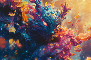 A stunning, fantasy-inspired creature with glowing red eyes, surrounded by swirling vibrant petals and ethereal light, creating a magical and dynamic atmosphere. painted background