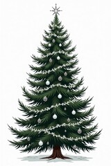 Fototapeta premium A tall, lush Christmas tree with deep green needles is beautifully adorned with shiny, silver and olive ornaments. Twinkling white lights wrap around the branches, and a sparkling star sits atop