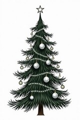 Fototapeta premium A tall, lush Christmas tree with deep green needles is beautifully adorned with shiny, silver and olive ornaments. Twinkling white lights wrap around the branches, and a sparkling star sits atop