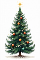 Fototapeta premium A tall, lush Christmas tree with deep green needles is beautifully adorned with shiny, terracotta and emerald ornaments. Twinkling white lights wrap around the branches, and a sparkling star sits atop