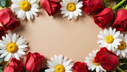 Fototapeta premium Romantic floral arrangement with red roses and white daisies, elegance