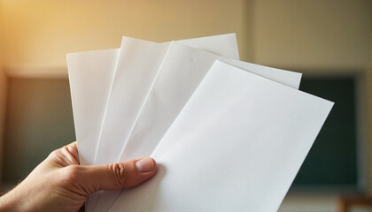 Hand holding multiple blank envelopes in office setting, Exam Theme