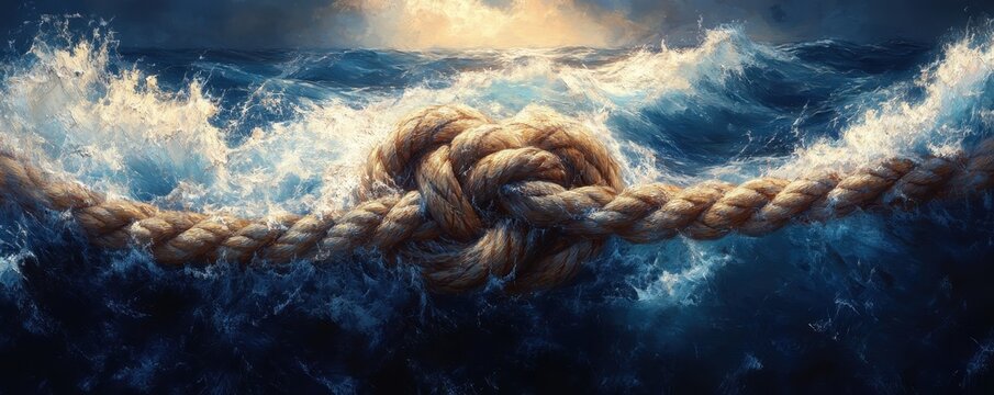 Strong rope knot amidst stormy sea waves