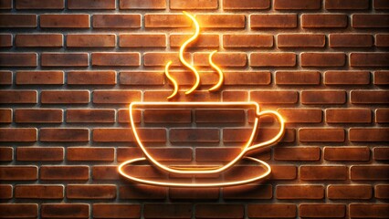 Neon Coffee Cup Icon in Yellow Light on Brick Wall