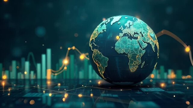 background globe and financial symbols, dollars and euros, color blues, greens, and silvers to convey stability global financial system, globe, world events