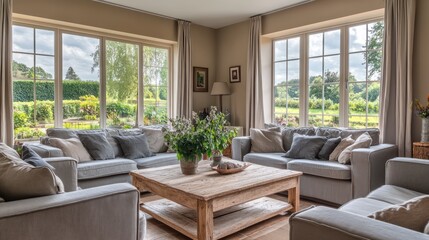 Naklejka premium A rustic living room with beige walls, large windows overlooking a garden, grey sofas, and a wooden coffee table, creating a peaceful atmosphere with natural light
