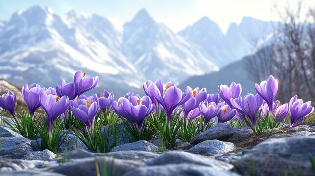 Purple crocuses blooming in rocky alpine landscape with snowy mountains