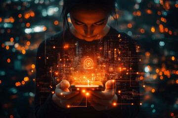 Double exposition d&rsquo;une main avec smartphone et flux de donn&eacute;es, &egrave;re num&eacute;rique et connectivit&eacute;