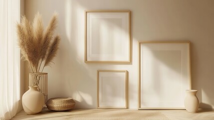 Minimalist living room decor with empty frames and pampas grass