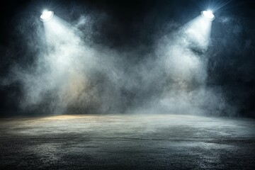 Dark stage with spotlights and fog, empty floor.