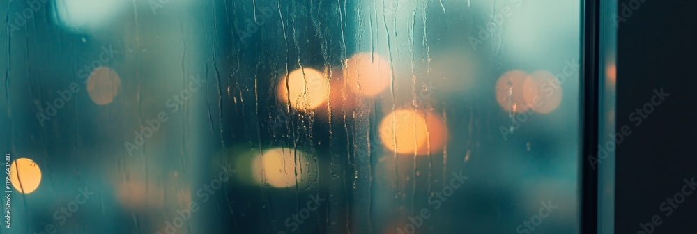Poster rain streams down a windowpane, blurring the warm glow of city lights in the background, creating a 