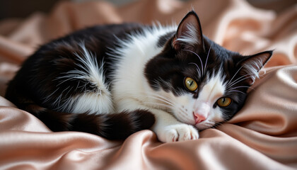 Curled black-and-white cat resting on satin pillow, cozy tranquility