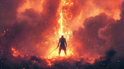 Fototapeta premium Warrior Stands Before Fiery Celestial Column of Light
