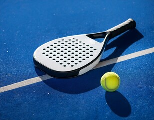 padel racket on a padel blue court with a ball
