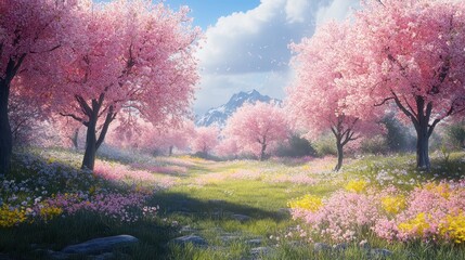 Serene springtime cherry blossom trees in bloom with mountain view