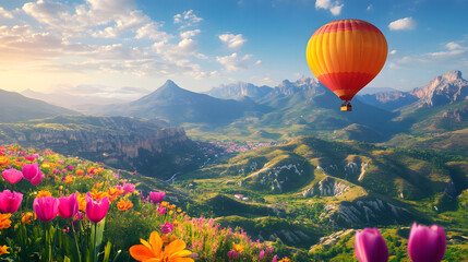 Naklejka premium Experience the Ultimate Romantic Valentineĺs Day Hot Air Balloon Adventure Over Breath-taking Scenic Landscapes