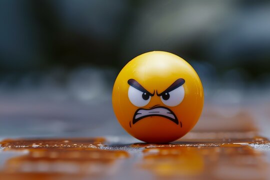 Angry emoji is sitting on a wet surface, conveying a sense of frustration and displeasure