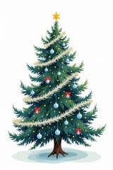 Fototapeta premium A beautifully shaped Christmas tree with dense, dark green foliage is displayed against a white backdrop, featuring an array of blue and silver ornaments, shimmering tinsel, and bright red bows.