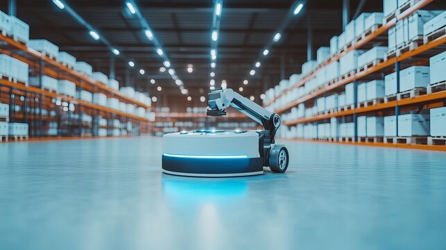 A robot managing automated inventory in a modern smart warehouse with high-tech tracking systems and robotic arms, clean and efficient environment, Warehouse-tech style