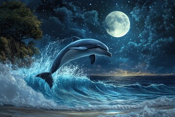 Naklejka premium Majestic Dolphin Leaping from Ocean Waves Under a Glowing Full Moon in a Starry Night Sky with Tranquil Coastal Landscape in the Background