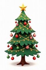 Fototapeta premium A charming Christmas treeis without a stand, is isolated against a white background, decorated with vibrant ornaments in red, green, and gold, along with twinkling lights and sweet candy decorations
