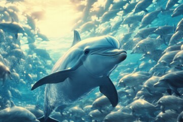 Obraz premium Majestic Dolphin Swimming Amongst a Thriving School of Fish in a Sparkling Ocean Underwater Scene, Capturing the Beauty of Marine Life and Ecosystem Harmony