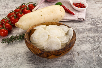 Sliced white daikon radish in the bowl