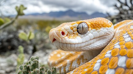 Obraz premium Yellow snake portrait, Andean mountains background, wildlife, nature