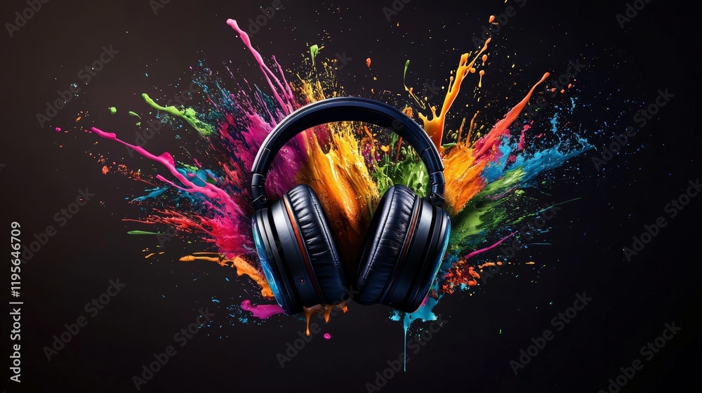 Poster wireless headphones surrounded by an explosion of vibrant paint splatters, creating a dynamic visual