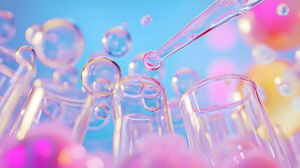 A whimsical laboratory filled with vibrant bubbles and glass tubes creates a playful atmosphere