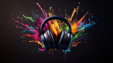 Wireless headphones surrounded by an explosion of vibrant paint splatters, creating a dynamic visual representation of music, sound, and artistic expression